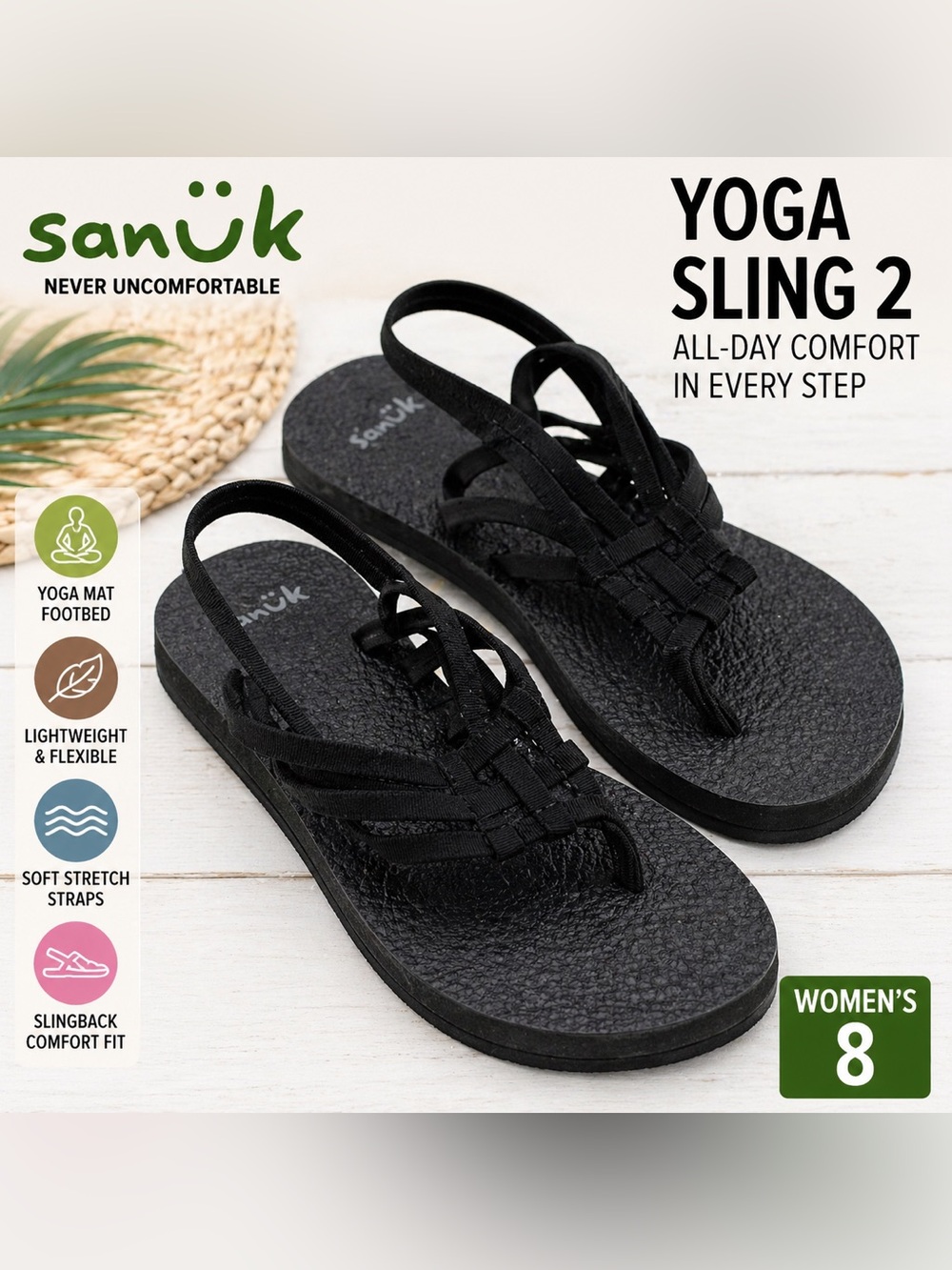 Sanuk Yoga Sling 2 Sandals Womens 8 Black Yoga Mat Slingback Comfort Flip Flops